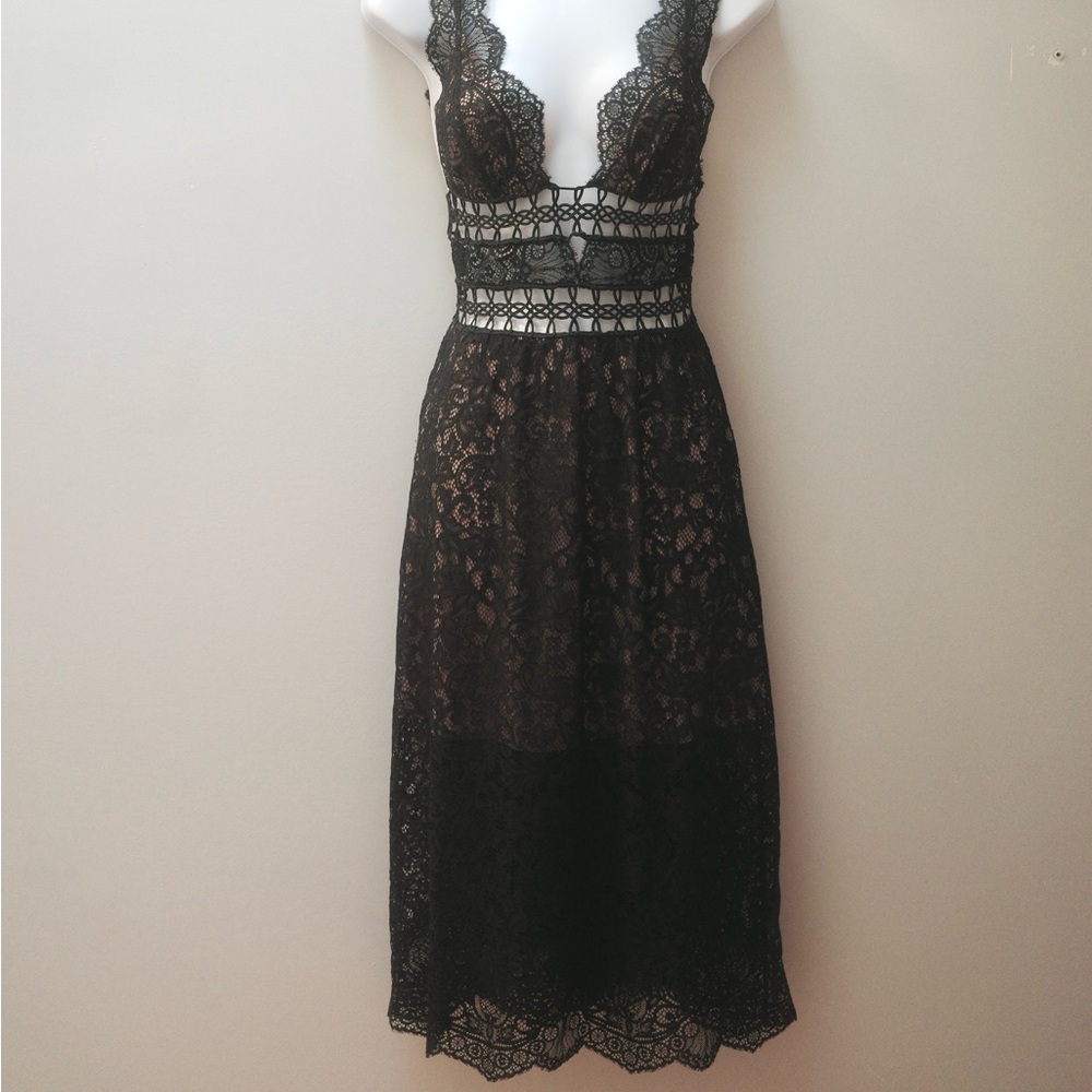 For Love And Lemons Black Lace Cocktail Midi Dress